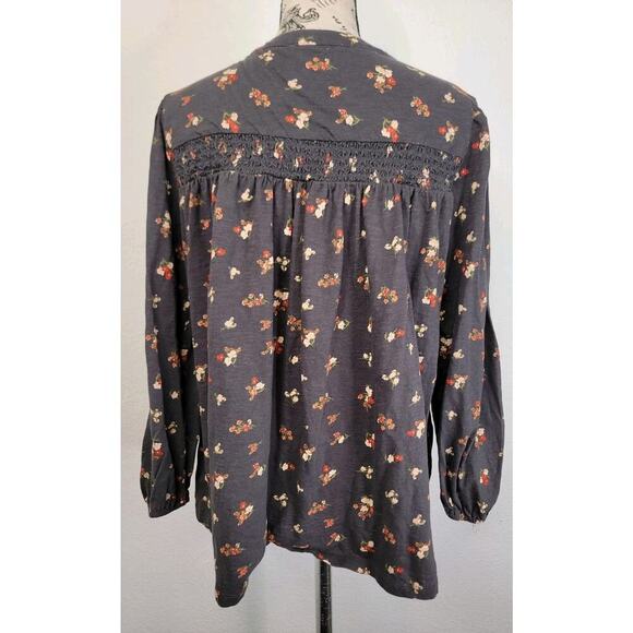 Lucky Brand Babydoll Top SZ Small Gray Floral Bohemian Peasant Long Sleeves - Picture 5 of 10